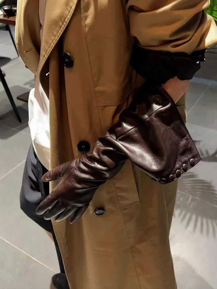Ladies' Winter Warm Touchscreen Korean Medium-length Leather Gloves with Velvet Lining Women 45 cm Long Single-breasted Luvas