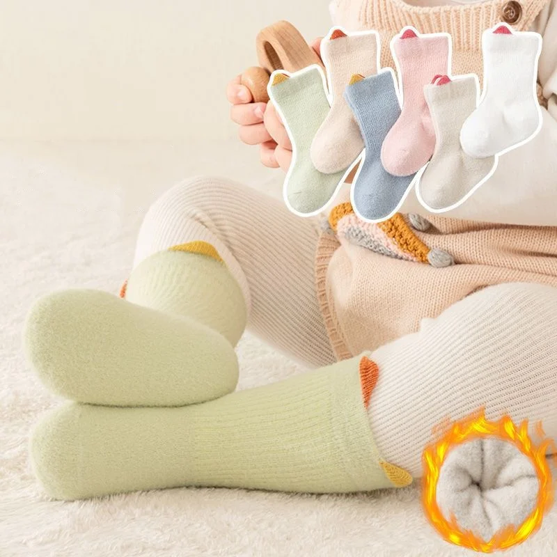 

Толстые и флисовые носки ярких цветов для новорожденных от 0 до 5 лет, зимние милые милые носки для мальчиков и девочек, мягкие короткие чулки с подъемом ушей для малышей