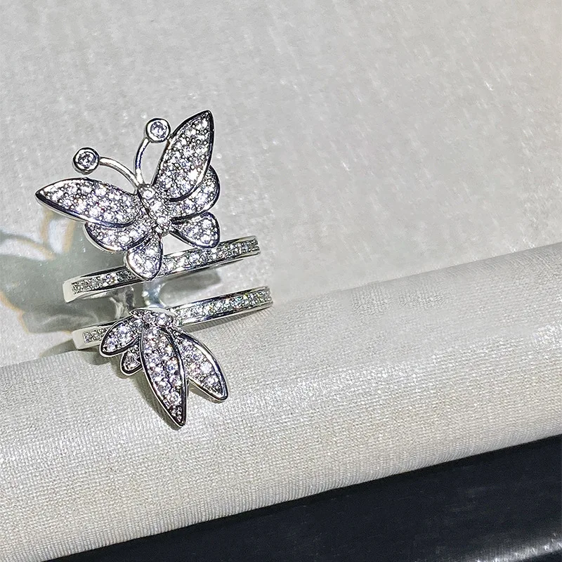 PANJBJ 925 Sterling Silver Butterfly Set A Rings For Women Zircon Personality Grace Jewelry Banquet Gift Dropshipping