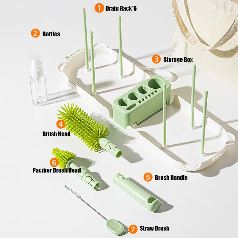 Portable Bottle Brush Set 7 in 1 Bottle Cleaner Kit With Bottle Nipple Straw Brush Drying Rack Travel Baby Bottle Cleaning Kit