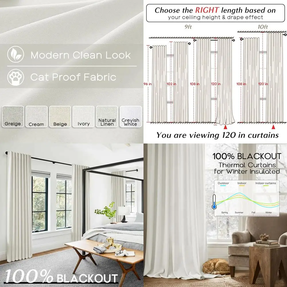 

120 Inch Thermal Insulated Blackout Curtains, Pleated with Hooks, Faux Linen, Ivory Off-White for Living Room