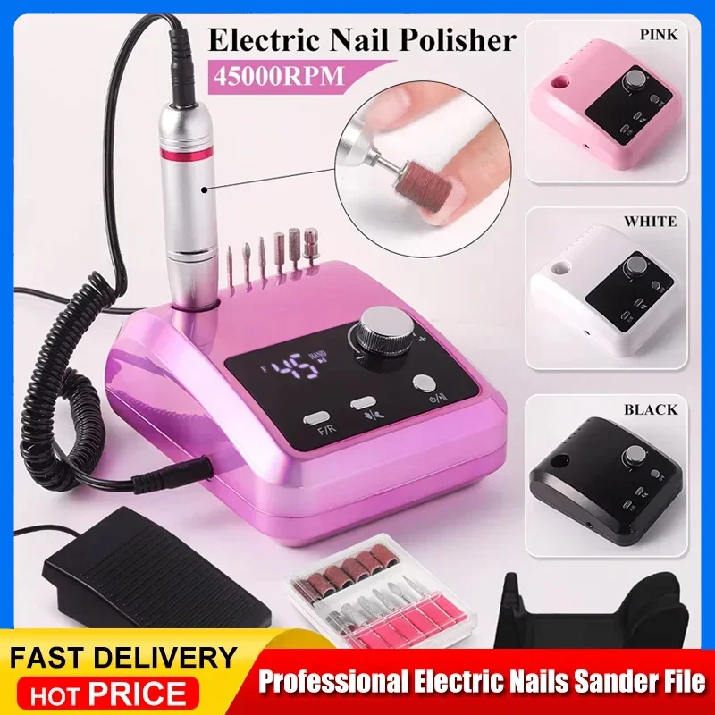 

Professional Nail Drill Machine 45000RPM Electric Sander File for Gel Nails Manicure Salon Use Home Polishing Cutters Included