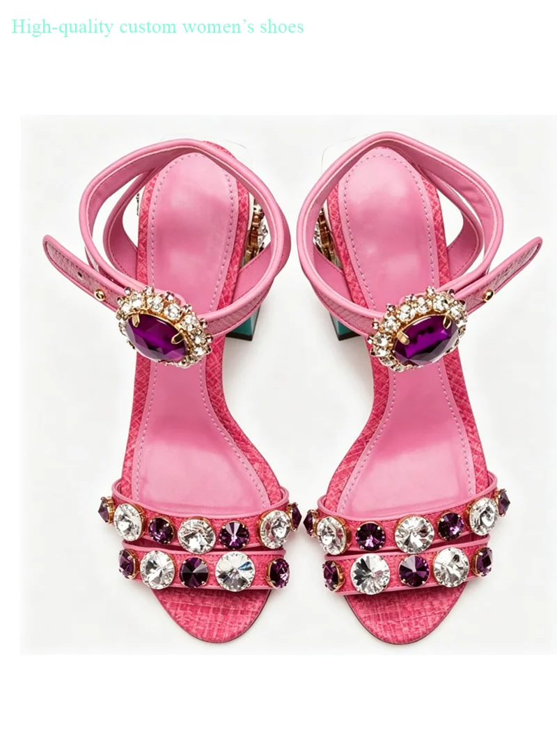 Round Head Toe Colored Gemstones Rhinestones Decorative Chunky High Heels Women's Sandals Ankle Gem Buckle Luxury High Heels
