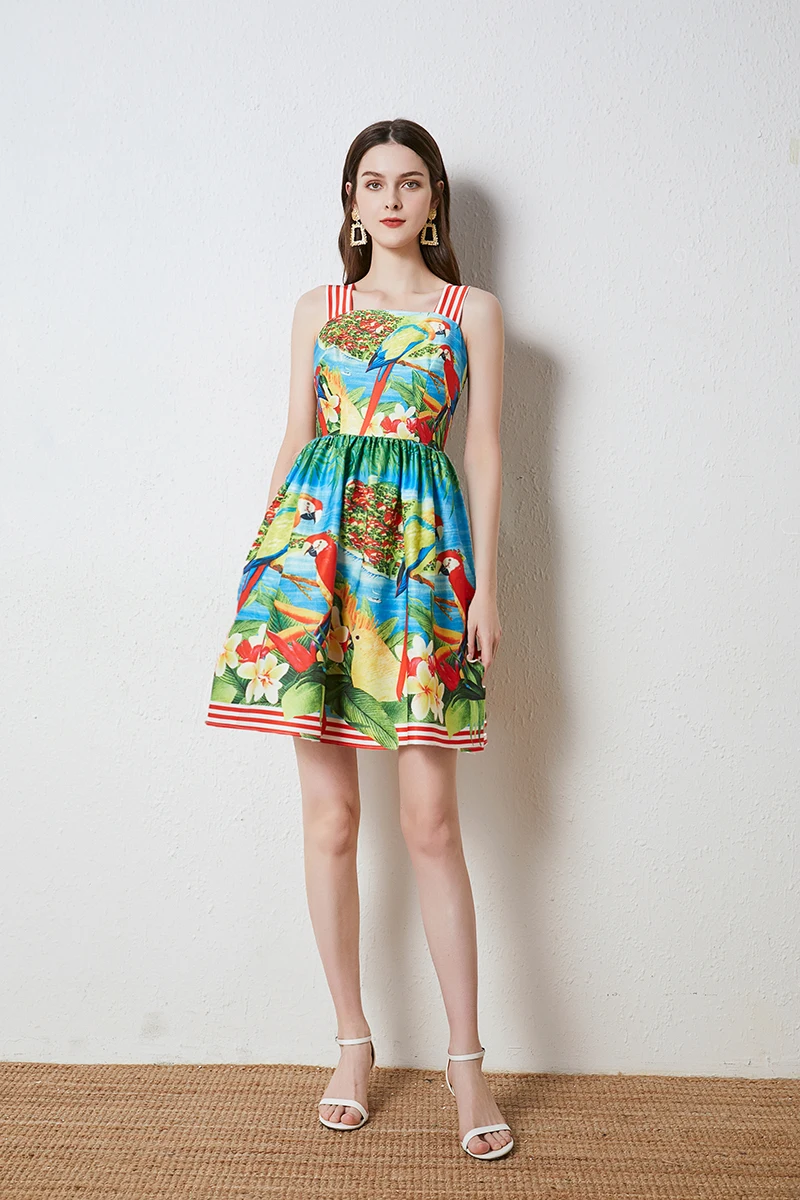 Sweet Girls Cartoon Birds Floral Printed Summer Dress 2023 Women's Sleeveless Slash Neck High Waist Holiday Short Vest Vestidos