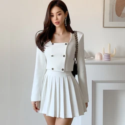 New High Quality Korean Two Piece Sets Women Square Collar Long Sleeve Coat Crop Tops + Pleated Mini Skirt Sets Office Lady Suit