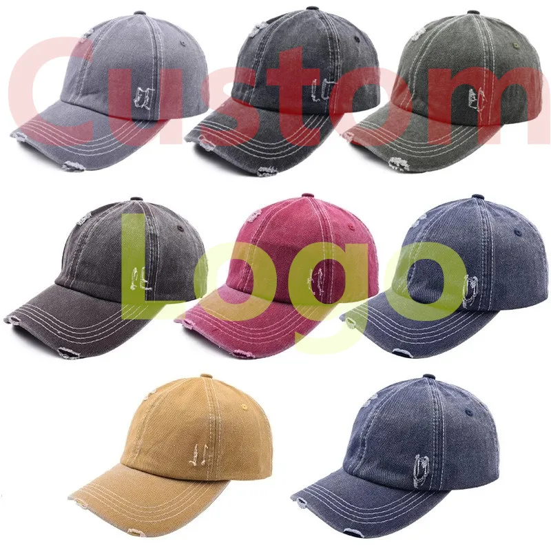 200pcs Custom Logo Unisex Vintage Washed Cotton Hole Distressed hat  Men Adjustable Dad Hats Woman Sports Baseball Cap