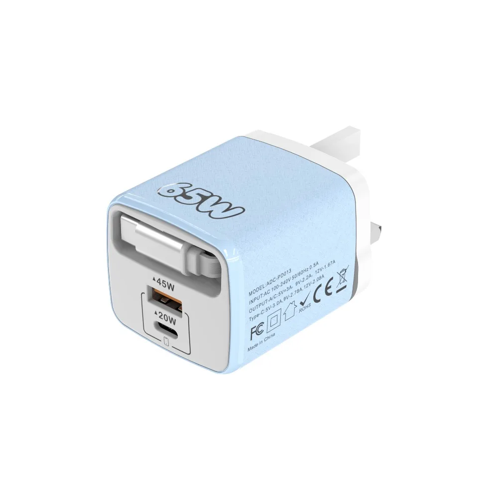 65W Phone Charging Adapter Built-In Retractable Cable USB+Type C USB Wall Charger EU/US/UK Fast Charging
