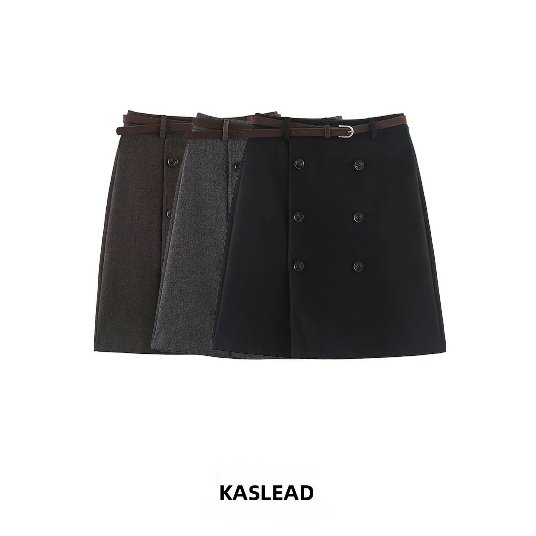 KASLEAD Retro Double-Breasted Woolen  Skirt Women's High Waist A-Line Skirt Autumn Winter Fashion Ladies' Half-length Skirts