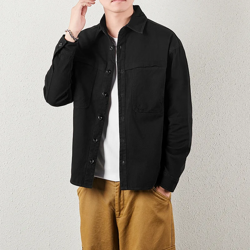 Pop Men's Shirt Japanese Workwear Style Cotton Shirt Long Sleeve Collared Casual Loose Fit Shirt Jacket Outerwear Men's Clothing