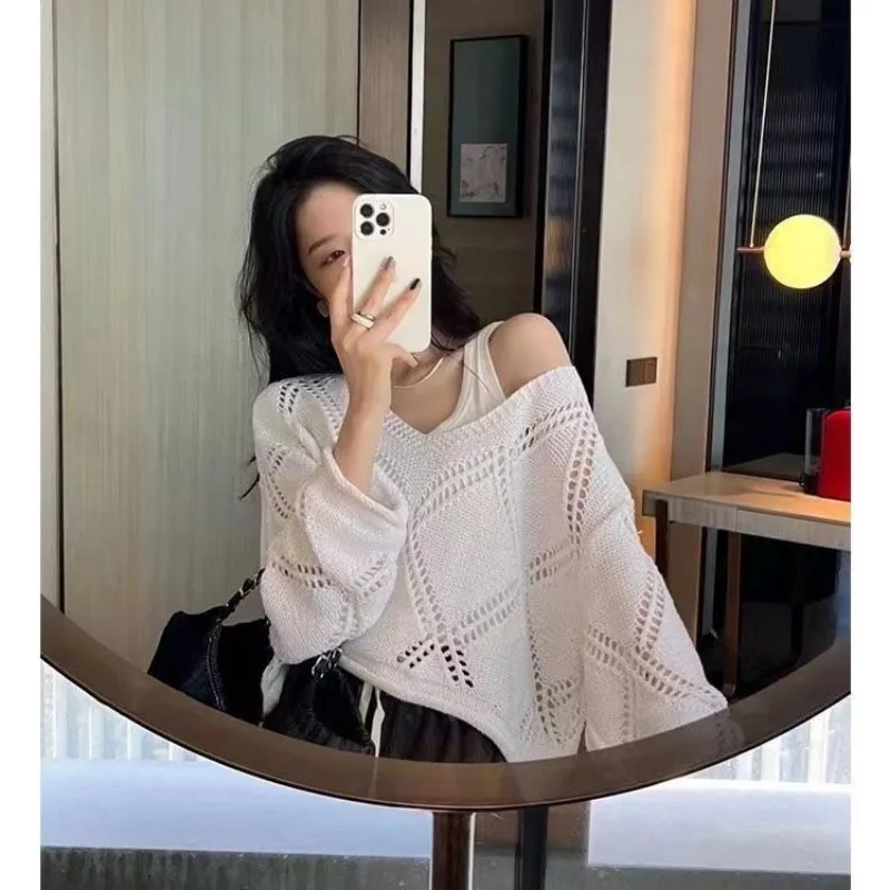 Fashion New Hollow Knitted Sweater Woman V Neck Long Sleeved Rhombus Jumpers Crop Casual Loose Lazy Wind Y2k Pullovers