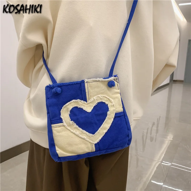 

Patchwork Contrast Color Heart Cellphone Bag Sweet Y2k Aesthetic Canvas Shoulder Bags All Match Women Korean Crossbody Handbags