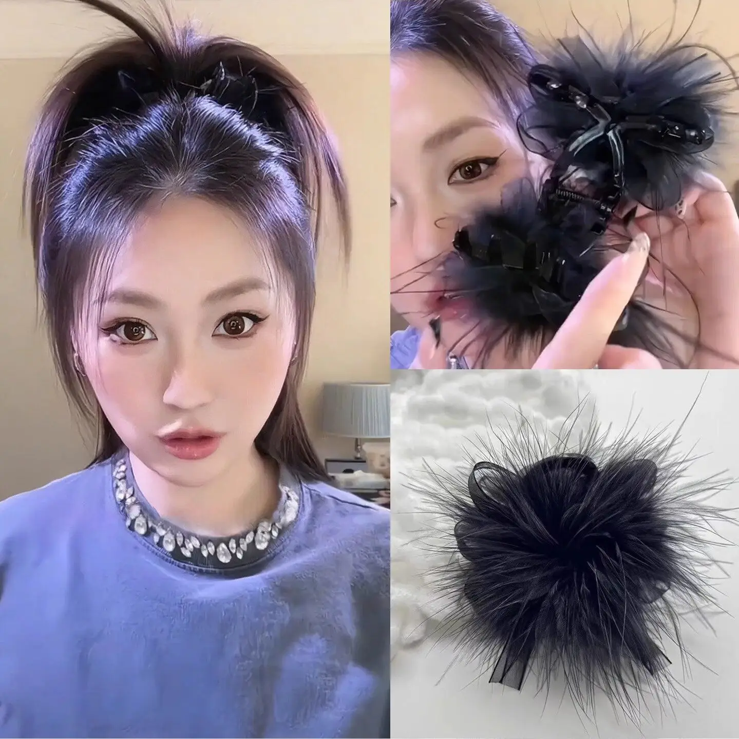 Black Feather Hair Claw Clips Women Girls Simple Elegant Ponytail Clip Solid Color Winter Decorative for Girls Hair Accessories
