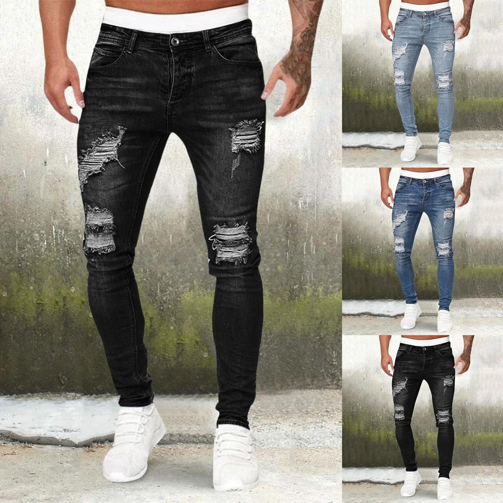 

Streetwear Men Jeans Vintage Stretch Denim Pencil Pants Mid Waist Skinny Hole Ripped Denims Distressed Ankle Length Trousers