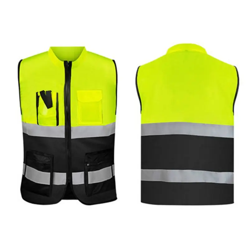 Multi-pockets High Visibility Zipper Front Safety Vest with Reflective Strips and Motorcycle Riding Multipurpose Safety Clothing