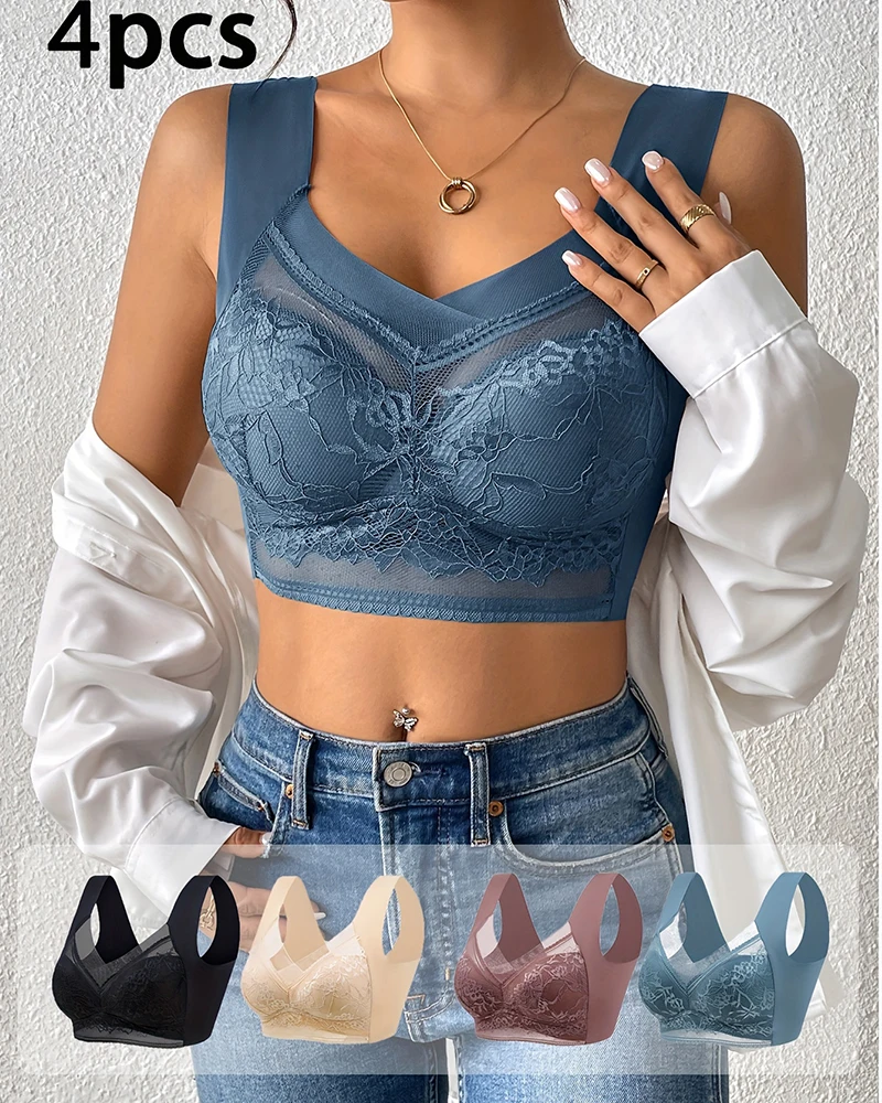 FINETOO 4 Buah Tank Top Crop Seksi Ukuran Plus Bra Mulus Bra Wanita Push Up Bra Nirkabel Pakaian Dalam Wanita Lingerie Renda Olahraga