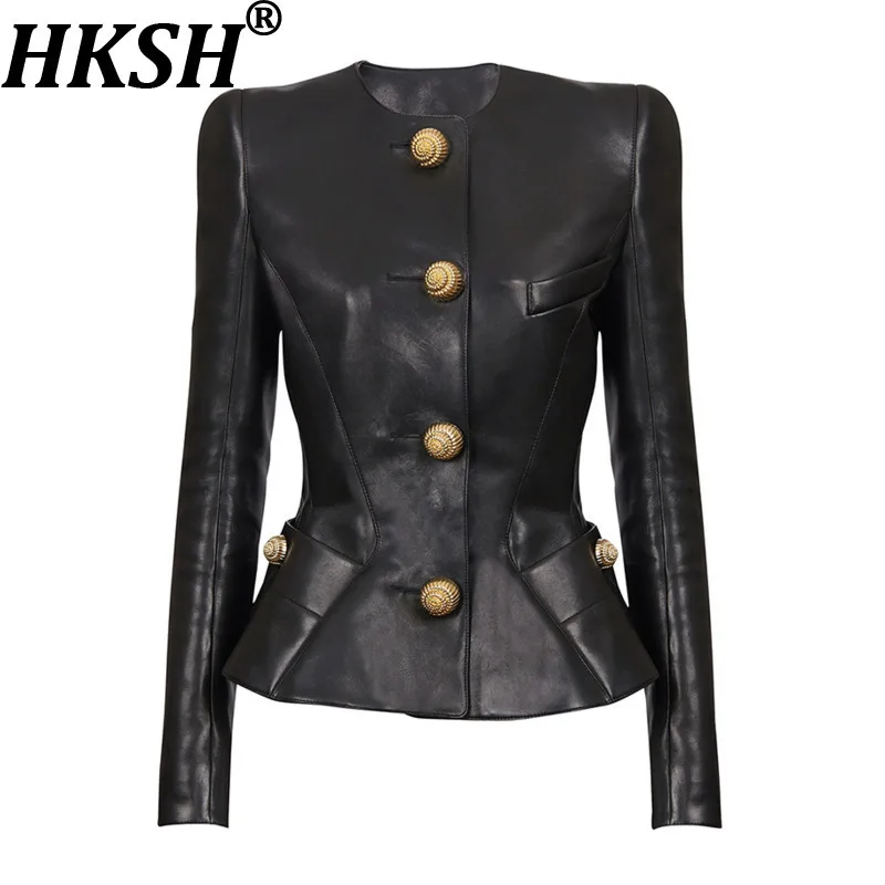 

HKSH Spring Autumn New Women Jacket O-neck Single Breasted Buttoned Slim Fit Faux Leather Fashion Trendy Streetwear Coat HK11350
