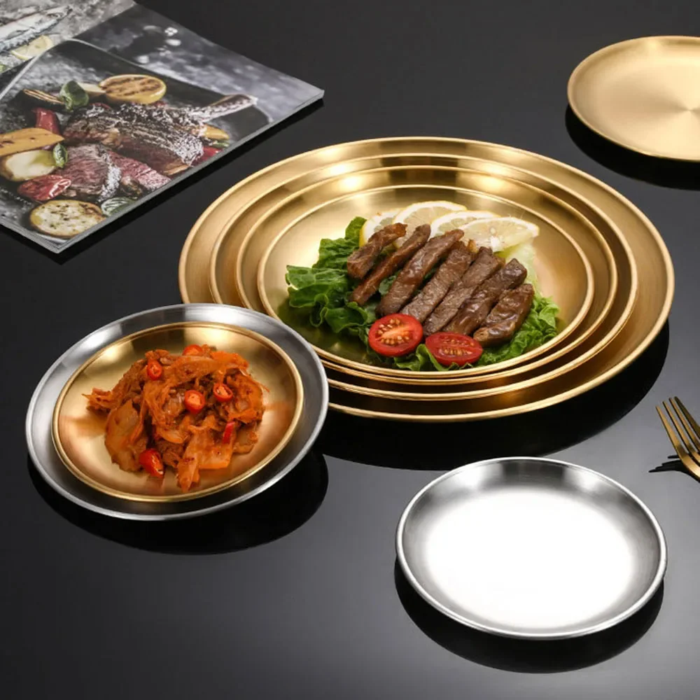 2Pcs Stainless Steel Metal Dining Disc Round Bone Spitting Dish High Quality Shallow Tray Gold Silver Fruit Meat Tableware