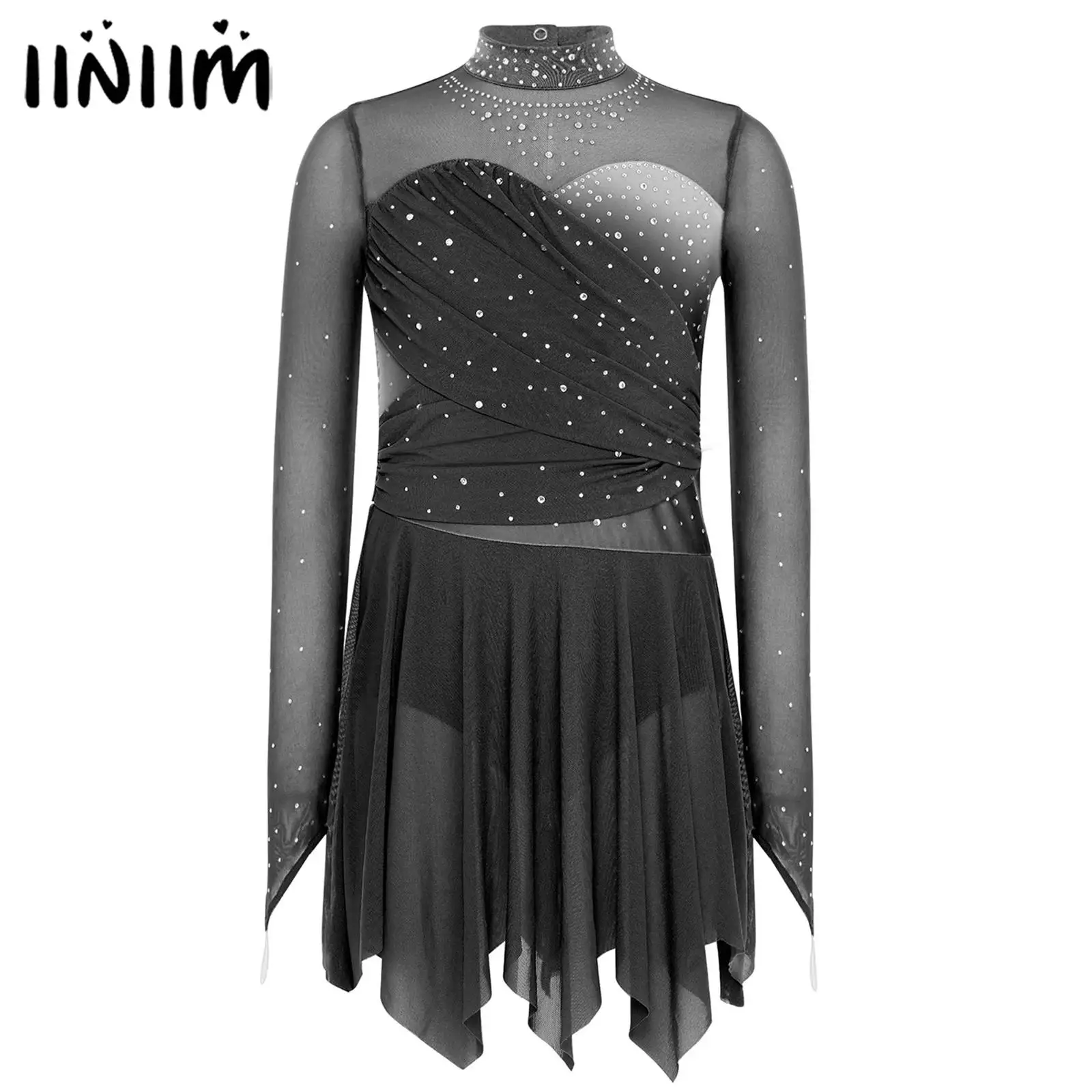 

Детские гимнастические трико для девочек, художественное платье для фигурного катания, балета, лирического танца, платье с блестящими стразами и рюшами, костюм для выступлений