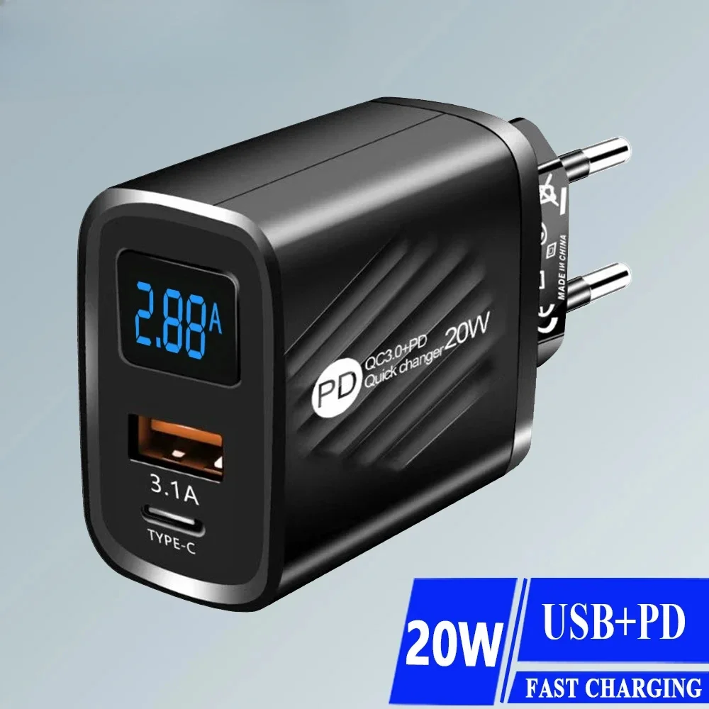 

GEFENIS PD 20W USB C Charger With Digital Display Fast Charging Mobile Phone Multi Ports Wall Adapter For IPhone 14 15 Xiaomi Sa