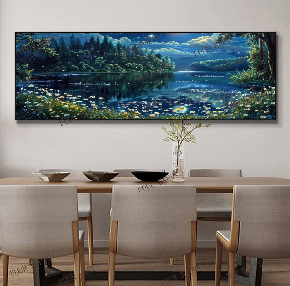 5D DIY Large Diamond Painting, Landscape Wall Art, Full Round Drill, Embroidery, Beautiful, Peaceful, Night, Lake, Home Decor