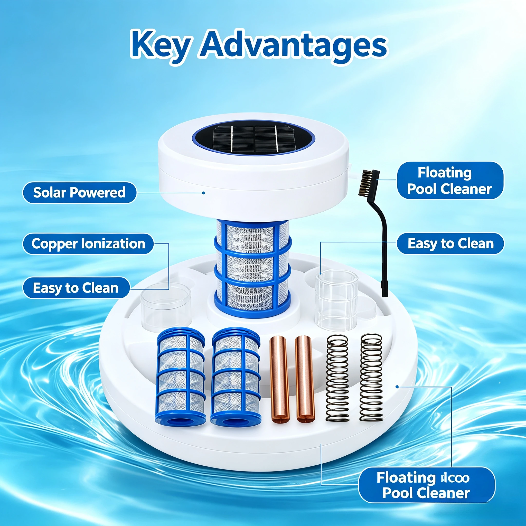 Solar Powered Pool Water Purifier, Copper‑Silver Ion Sterilization Device, Efficient Algae Removal Disinfection Equipment