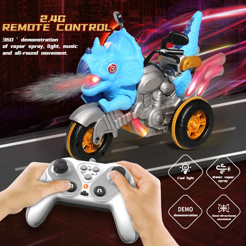 

2.4GHZ Kids RC Toy Remote Control Dinosaur Motorcycle Model Stunt RC Car Electric Spray Sound and Light Children Toys for Boys