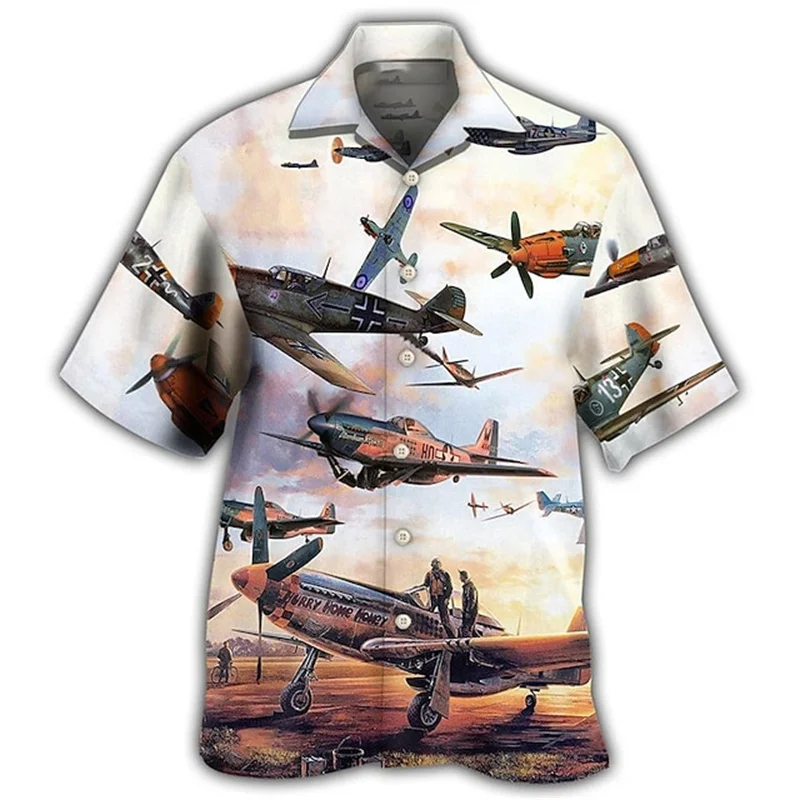 Retro Aircraft Printed Shirts Casual 3D Denim Pattern men\'s Clothing Hawaiian Beach Short Sleeved Shirt Outdoor Casual men\'s Top