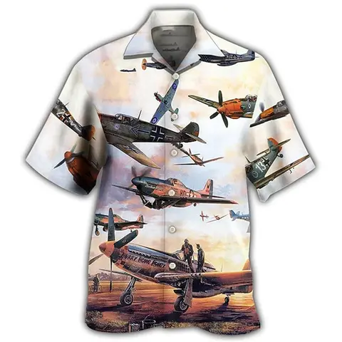 Retro Aircraft Printed Shirts Casual 3D Denim Pattern men's Clothing Hawaiian Beach Short Sleeved Shirt Outdoor Casual men's Top