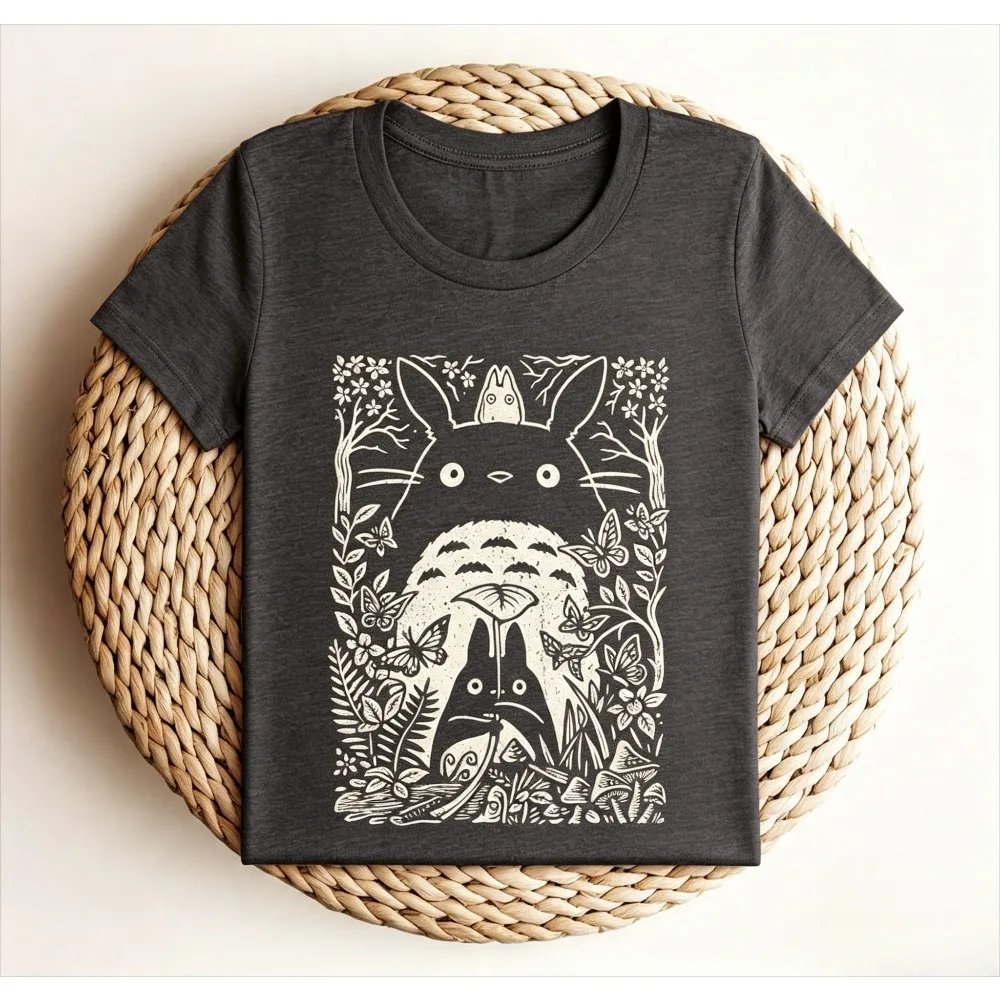 Forest Creature Block Print Graphic Women T-Shirt Vintage Nature Art Oversized Casual Streetwear Tee