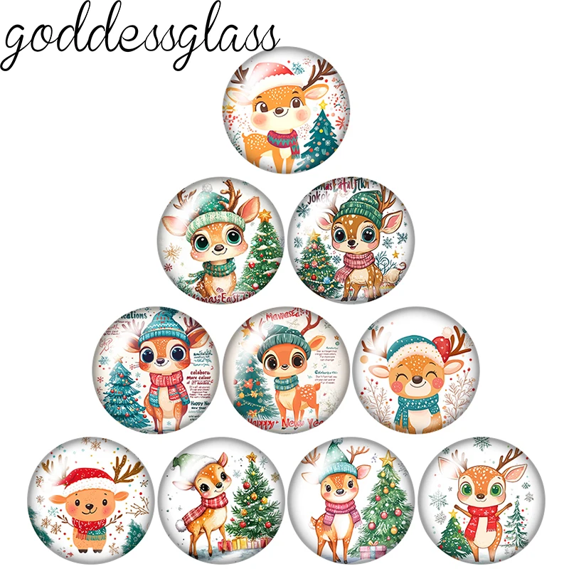 Cartoon Christmas Tree Deer Cute Elk 10p 12mm/18mm/20mm/25mm Round photo glass cabochon flat back Making findings Jewelry