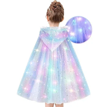 Capa LED de princesa para niñas, capa de disfraz para niños, Aurora Rapunzel Elsa, ropa de fiesta de Carnaval, accesorio de actuación de lentejuelas