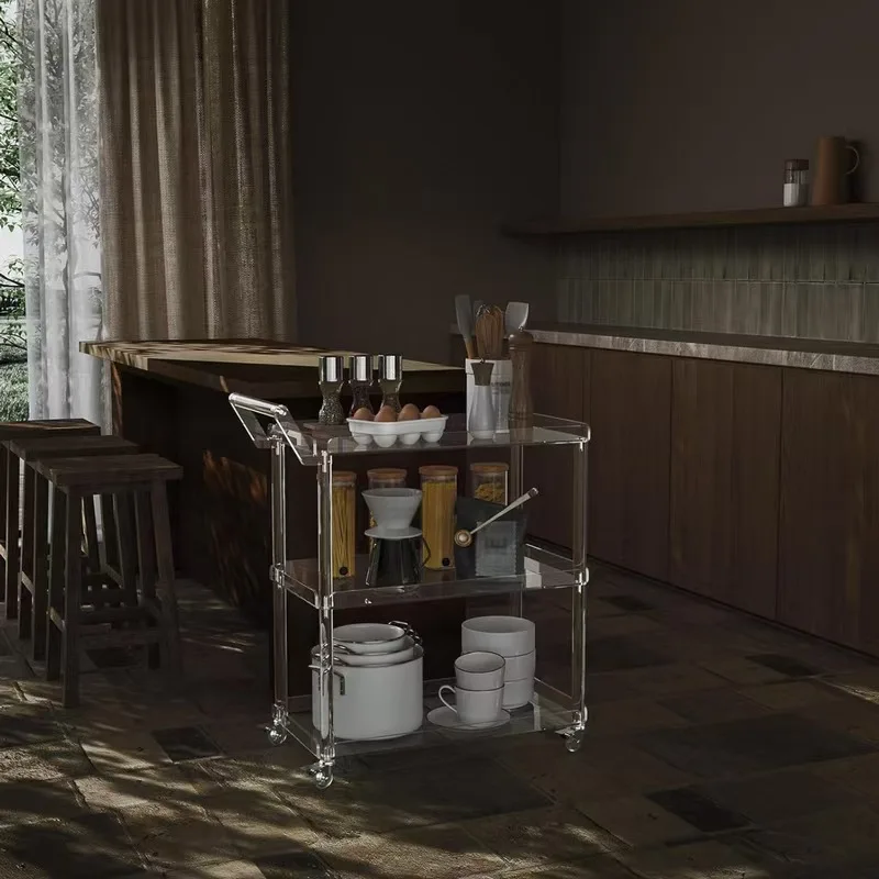 

Modern three-story acrylic hotel bar cart 4-wheel multifunctional eco-friendly transparent kitchen and living room cart
