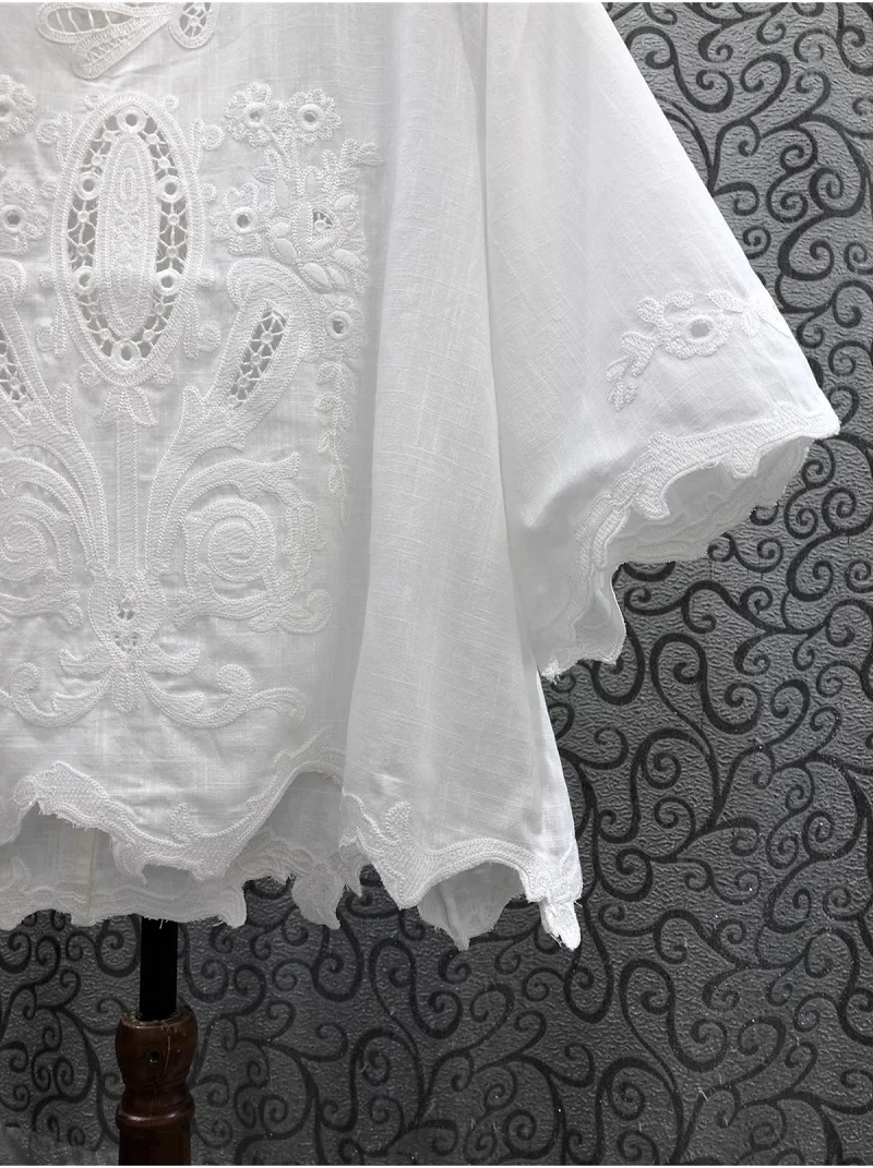 High Quality Linen Blouses 2024 Autumn Women Crochet Lace Embroidery Half Sleeve Casual Loose Tops Ladies White Cotton Shirt