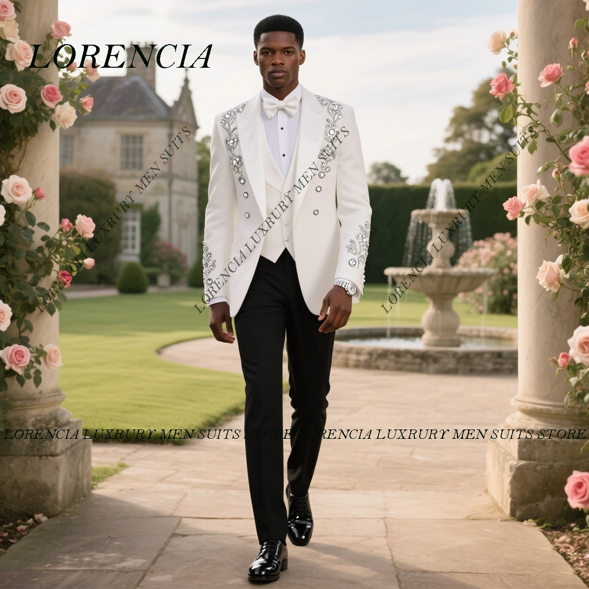 

Customized Sparkly Metal Embellished Men Suits 3 Pieces Sets Slim Party Prom Blazer Costume Homme Business Male Groom Tuxedos