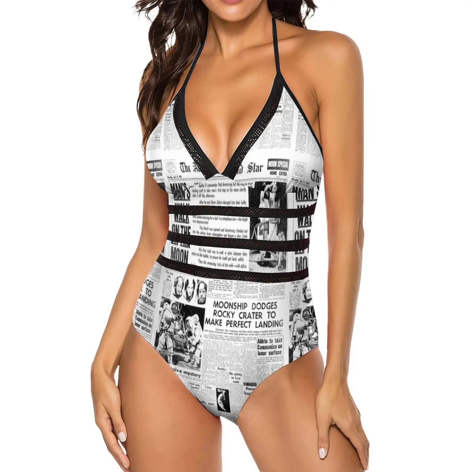 Newspaper Headlines Swimsuit Sexy Historic Moon Landing Female Swimwear One-Piece Stylish Bodysuit Fitness Push Up Beach Outfits