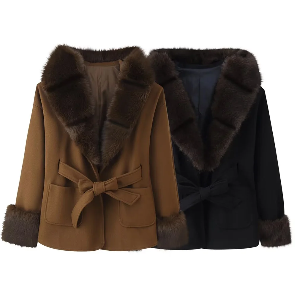 

Winter New Product: Women's Flip Collar Long Sleeve Bow Tie Waist Strap Hairy Collar Hoodie Short Woolen Coat