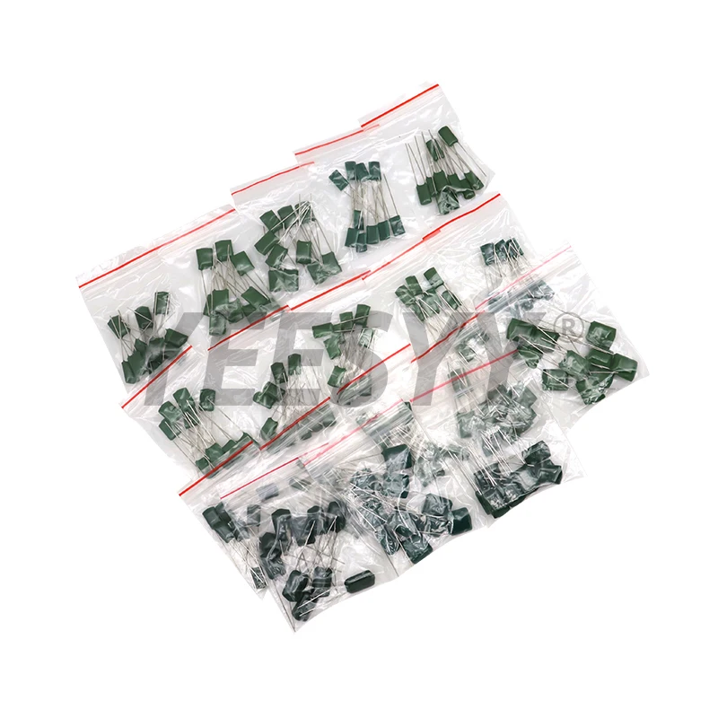 180pcs=18value*10pcs Polyester film capacitor Assorted Kit contains 2A104J 2A332J 2A472J 2A103J 2A333J 2A473J 2A563J 2A223J