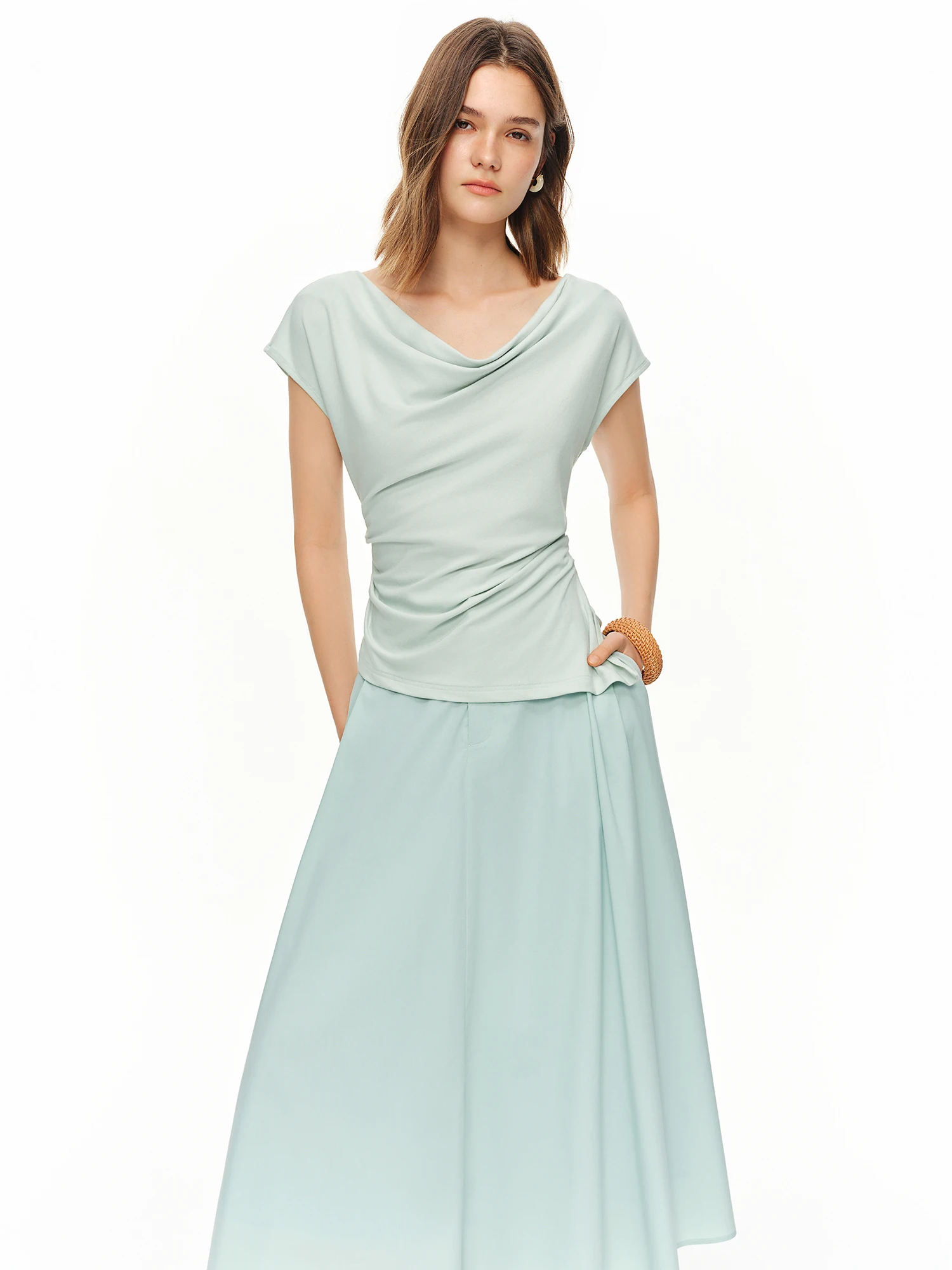 DUSHU Women French Stylish Chic Two-piece Set: Swing Collar T-shirt and Skirt Summer Age-reducing Minimalist Solid Commuting