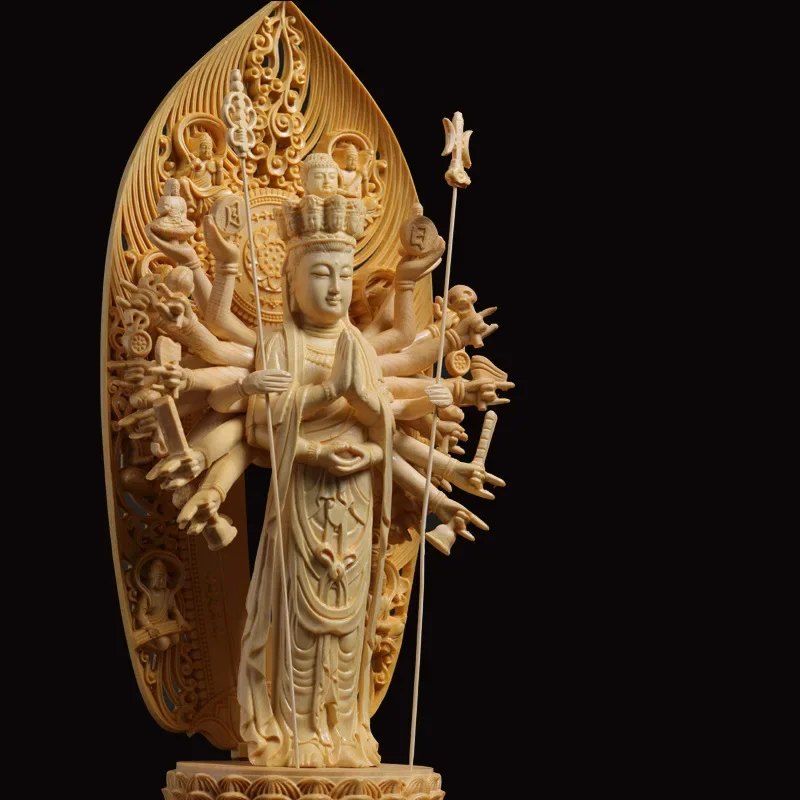 Hand Carved Cypress Wood Standing Thousand-Hand Guanyin Avalokiteshvara Statue Figurine with Lotus Base for Home Temple Altar
