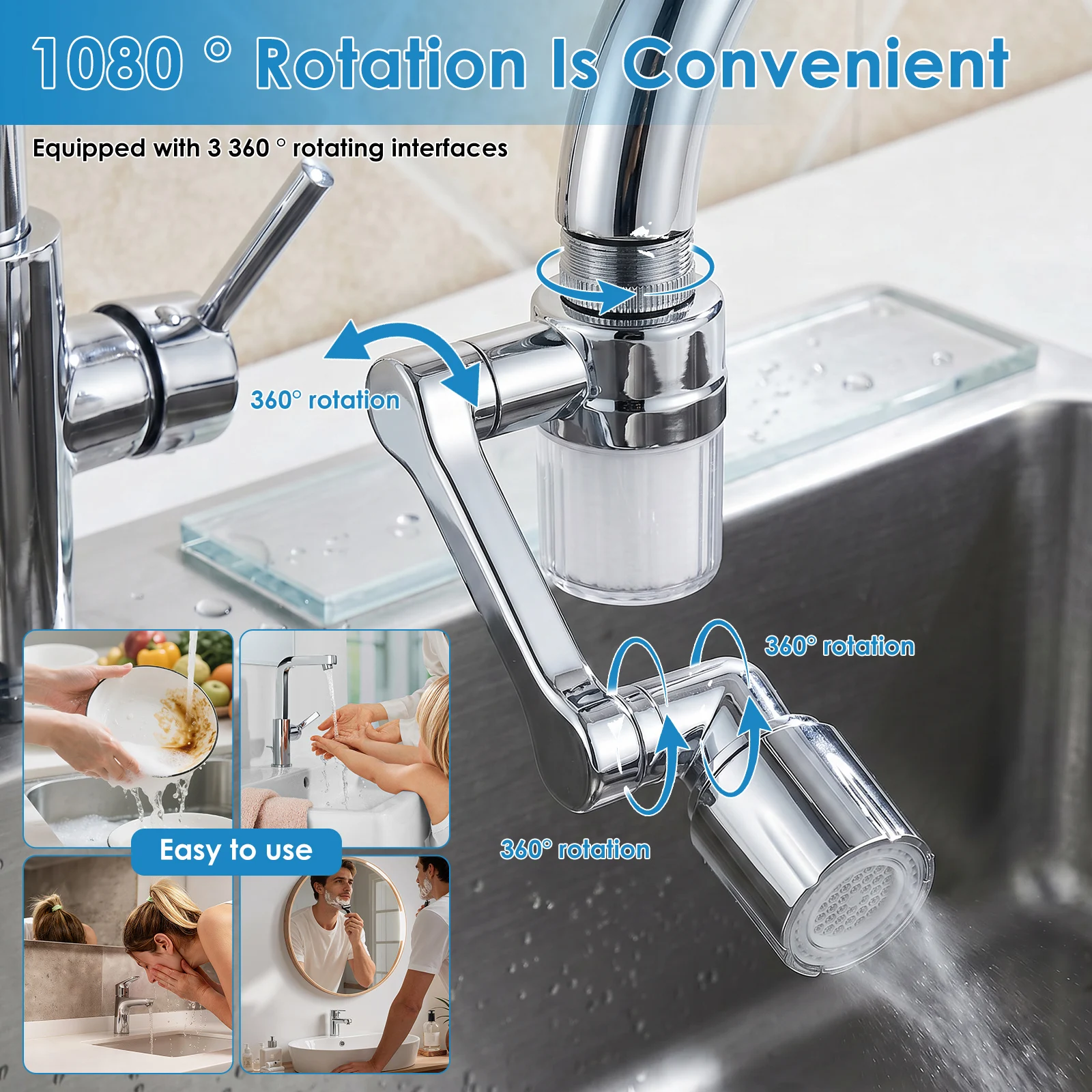 1080° Swivel Filtered Faucet Aerator Dual Mode Splash Proof Tap Head with 6 Filter 360° Rotating Water Nozzle for Kitchen Bathro