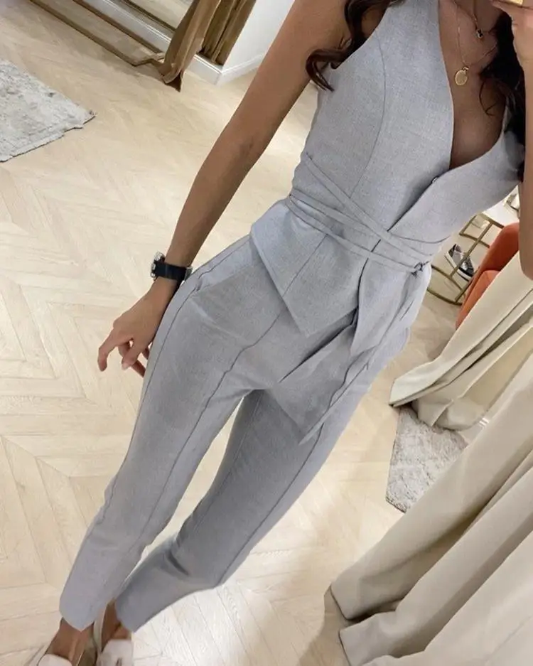 Two Piece Set For Women V-neck Slim Sleeveless Leace-up Tops Tight Long Pants Ladies Sets 2023 Spring Summer New Offce Commuting