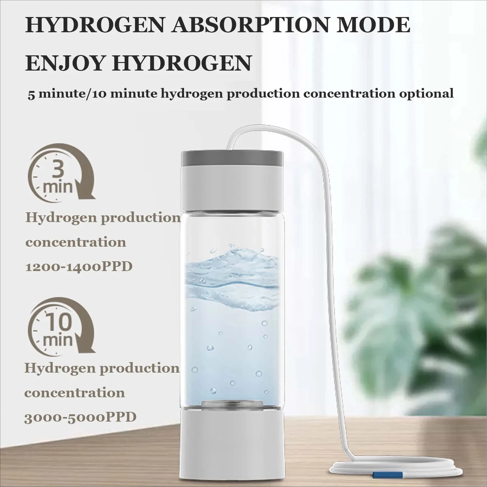 Rich Water Generator Bottle, SPE PEM Hydrogen Water Cup, 1200-5000PPB High Concentration H2 Inhalation Device