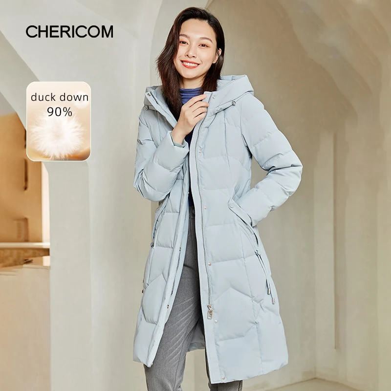 Chericom Winter Mid Long Women's Down Jacket Fluffy Thick Warm Hooded Puffer Coats Thin Embroidery Solid Padded Jacket 279188