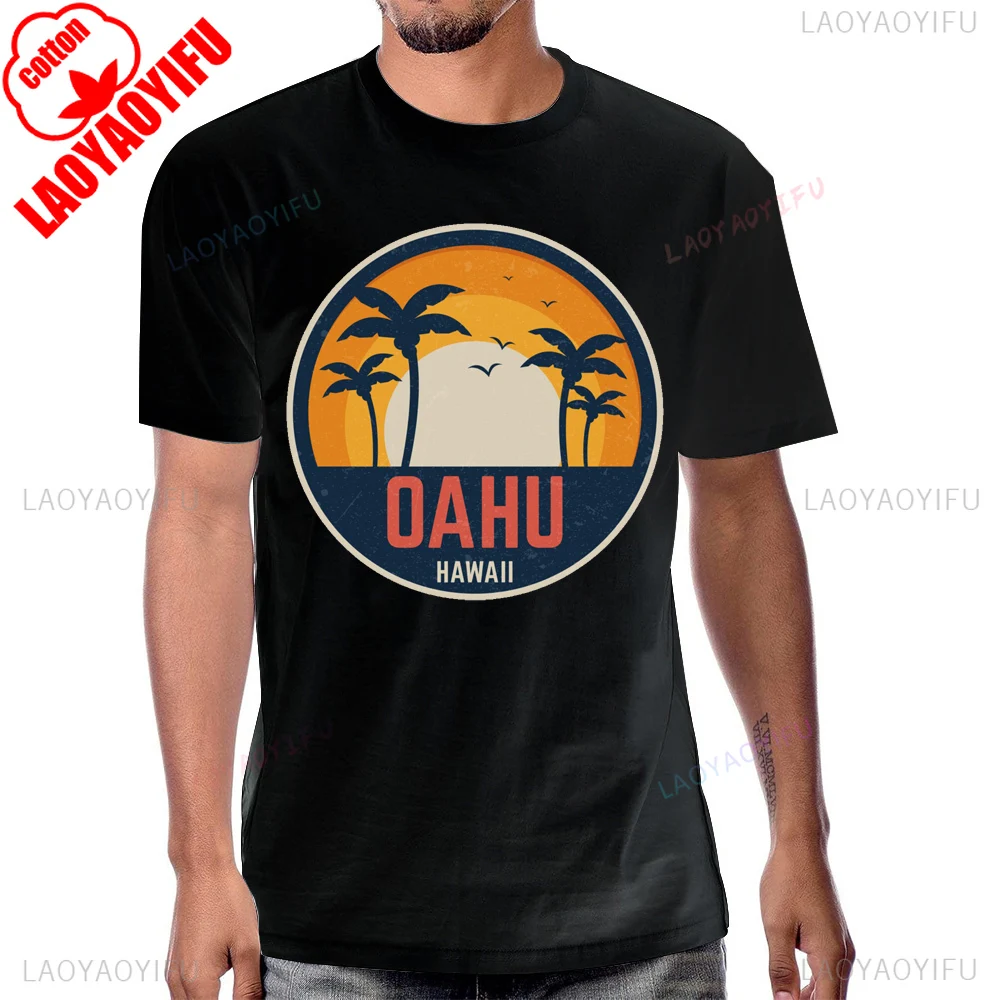شجرة جوز الهند شاطئ الغروب OAHU هاواي تي شيرت تقليدي الصيف نمط قصير الأكمام رجل التي شيرت Harajuku التنفس الراحة القطن تيز