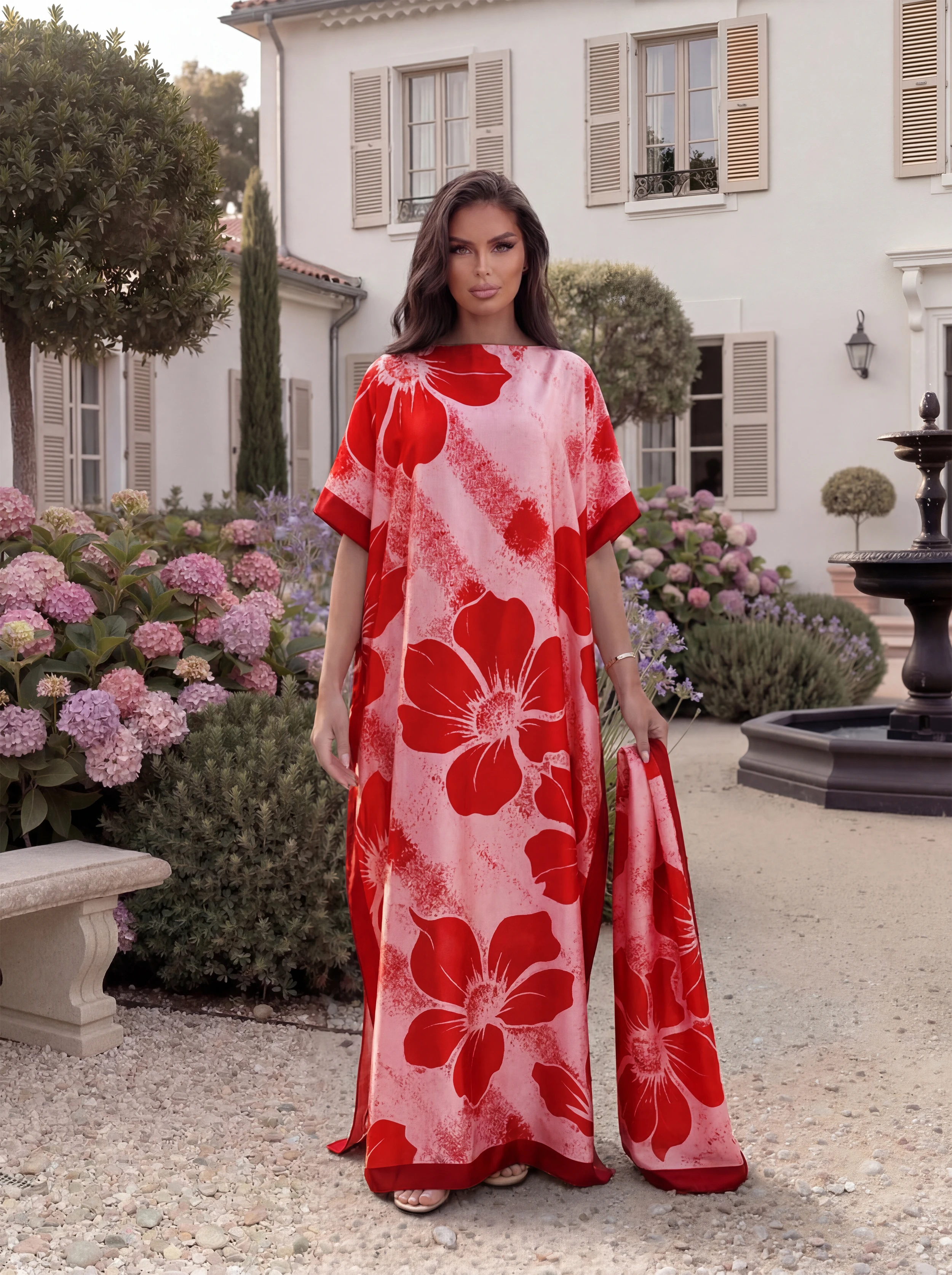Boho Large Floral Print Satin Abaya Scarf Set, Loose Batwing Maxi Kaftan for Muslim Women Summer Beach Holiday Wear