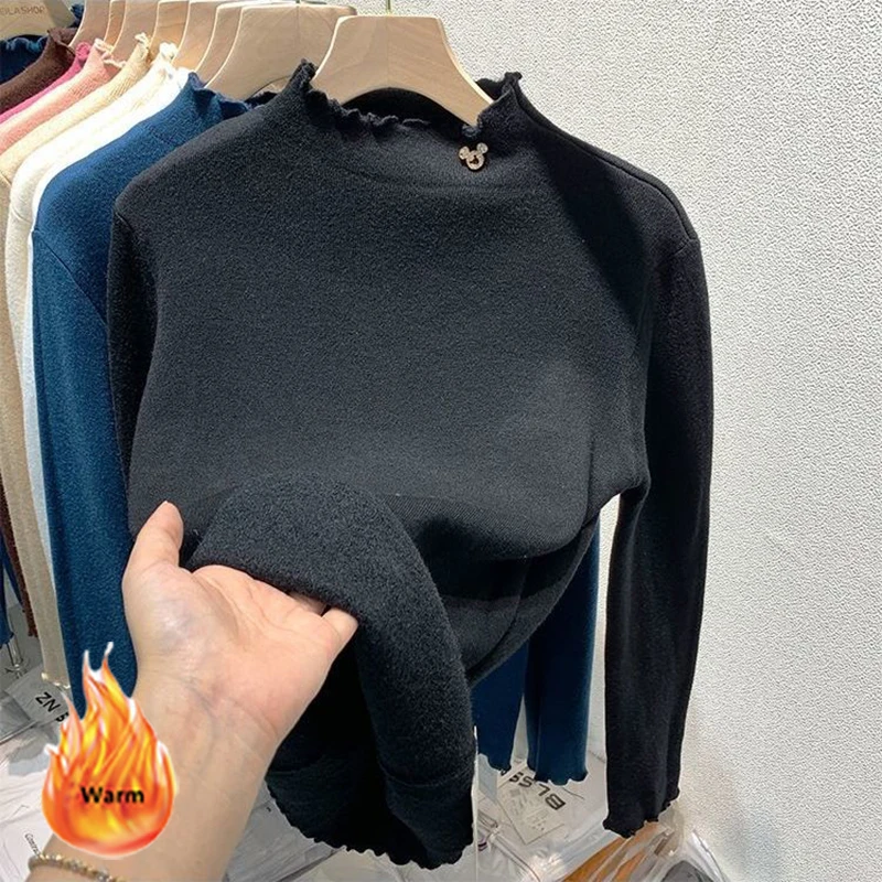 Winter Lined Thick Sweater Women Korean Wave Half Turtlenck Long Sleeve Knitted Sueter Elegant Plush Velvet Knit Bottoming Top