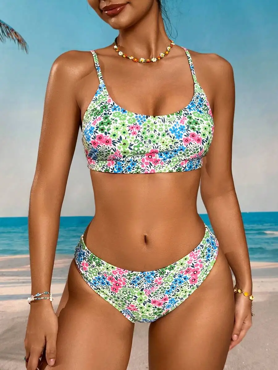 

Women’s Cheerful Floral Two-Piece Swimsuit With Thin Straps And High-Cut Briefs For Sunny Beach Days