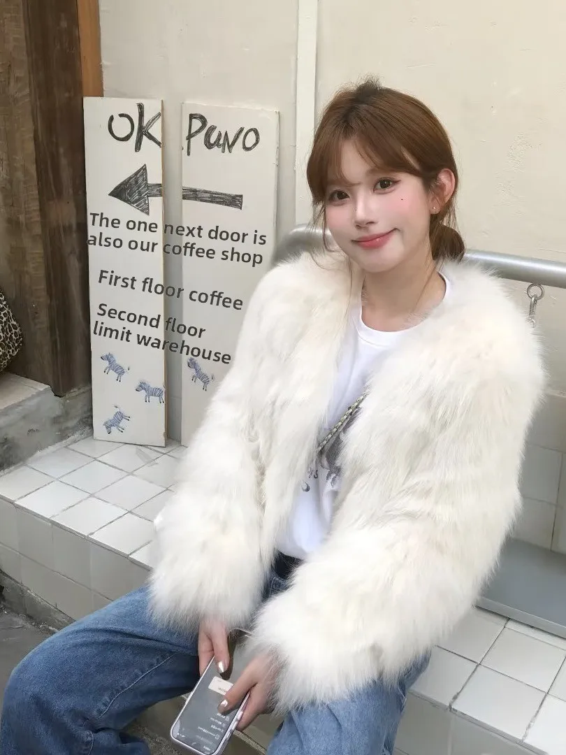 Abrigo de piel coreano Sle ort v-ne, prendas de vestir exteriores Faion para mujer, pelo sintético ecológico, abrigo de invierno de talla juvenil Jaet