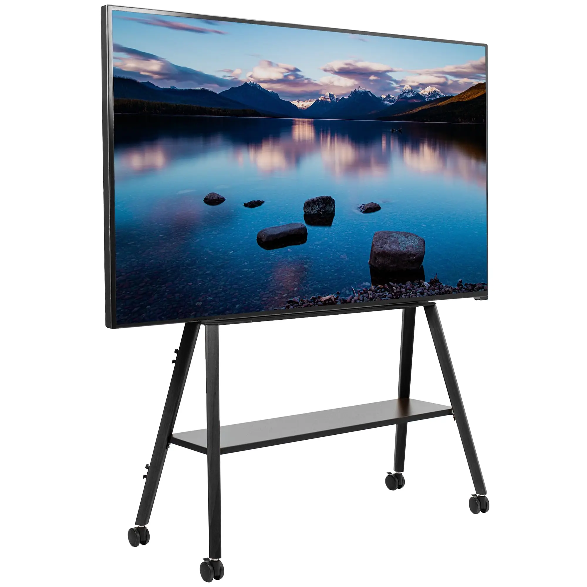 Rolling Artistic Easel 43 to 75 inch LED LCD Screen Mobile Studio TV Display Stand, Wood Accessory Shelf, Adjustable TV
