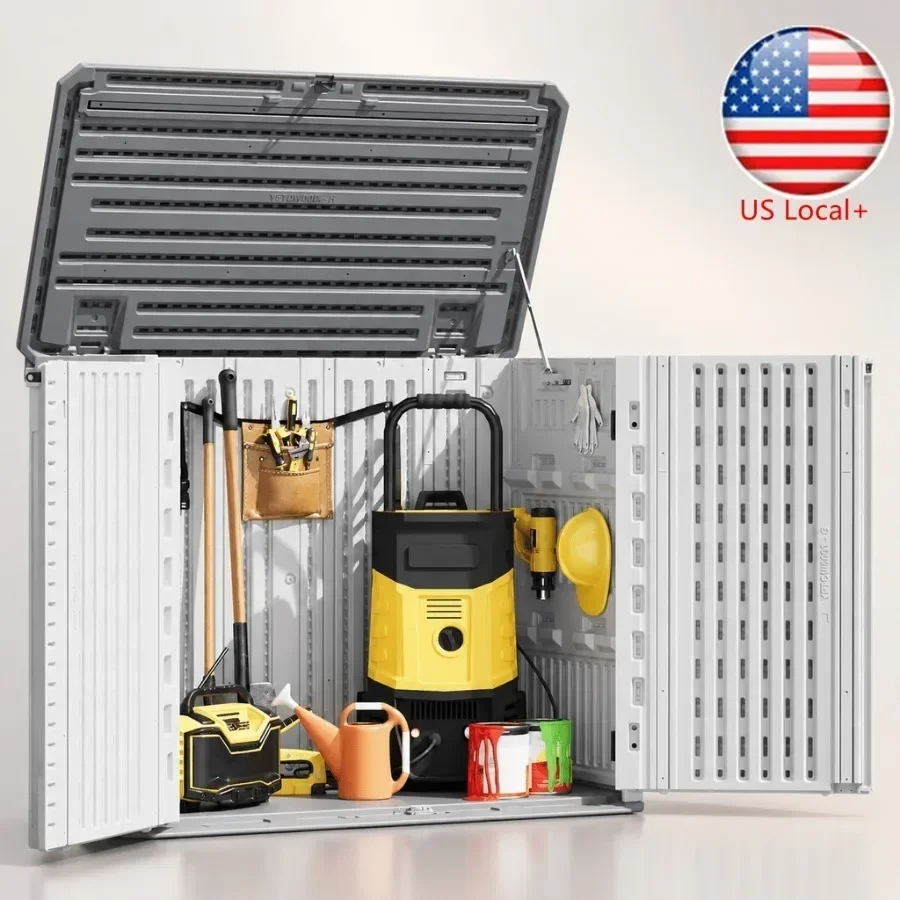 Outdoor storage cabinet for garden/patio use, waterproof resin material, gray color, 35 cu ft capacity with weather-resistant d